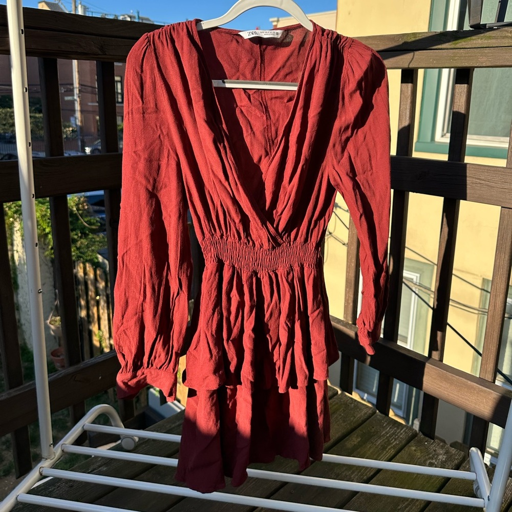 Zara Burgundy Long Sleeve Mini Dress